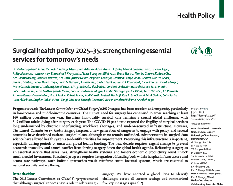 Aneel Bhangu (@aneelbhangu) on Twitter photo Our new <a href="/lancet/">tomasz baniak</a> paper has the best figure-set we've ever made - please download it!
Surgical health policy 2025โ35: strengthening essential services for tomorrow's needs
authors.elsevier.com/c/1lR4wV-4XSgx1 Our new <a href="/lancet/">tomasz baniak</a> paper has the best figure-set we've ever made - please download it!
Surgical health policy 2025โ35: strengthening essential services for tomorrow's needs
authors.elsevier.com/c/1lR4wV-4XSgx1