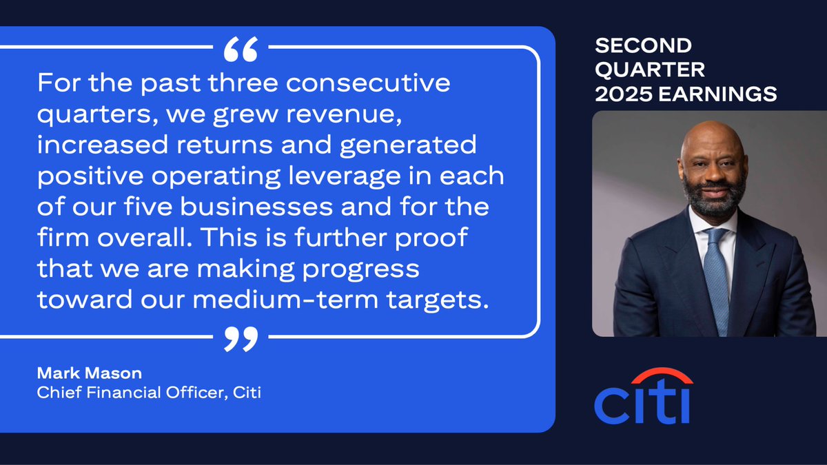 Citi's tweet image. Citi CFO Mark Mason discusses second quarter 2025 earnings.
Read the full report: on.citi/4lWAdpY