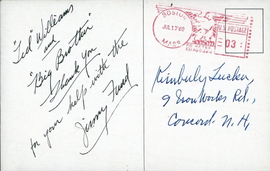 Markhoyle4's tweet image. The latest Williams addition to the collection . 1960 Jimmy Fund postcard Ted with Bob Emery