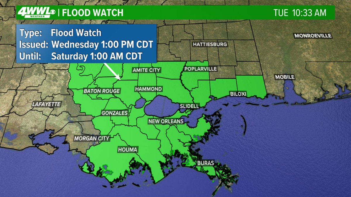 wwltvweather's tweet image. FLOOD WATCH issued for areas in green. Heavy rainfall could lead to flooding. #BeOn4