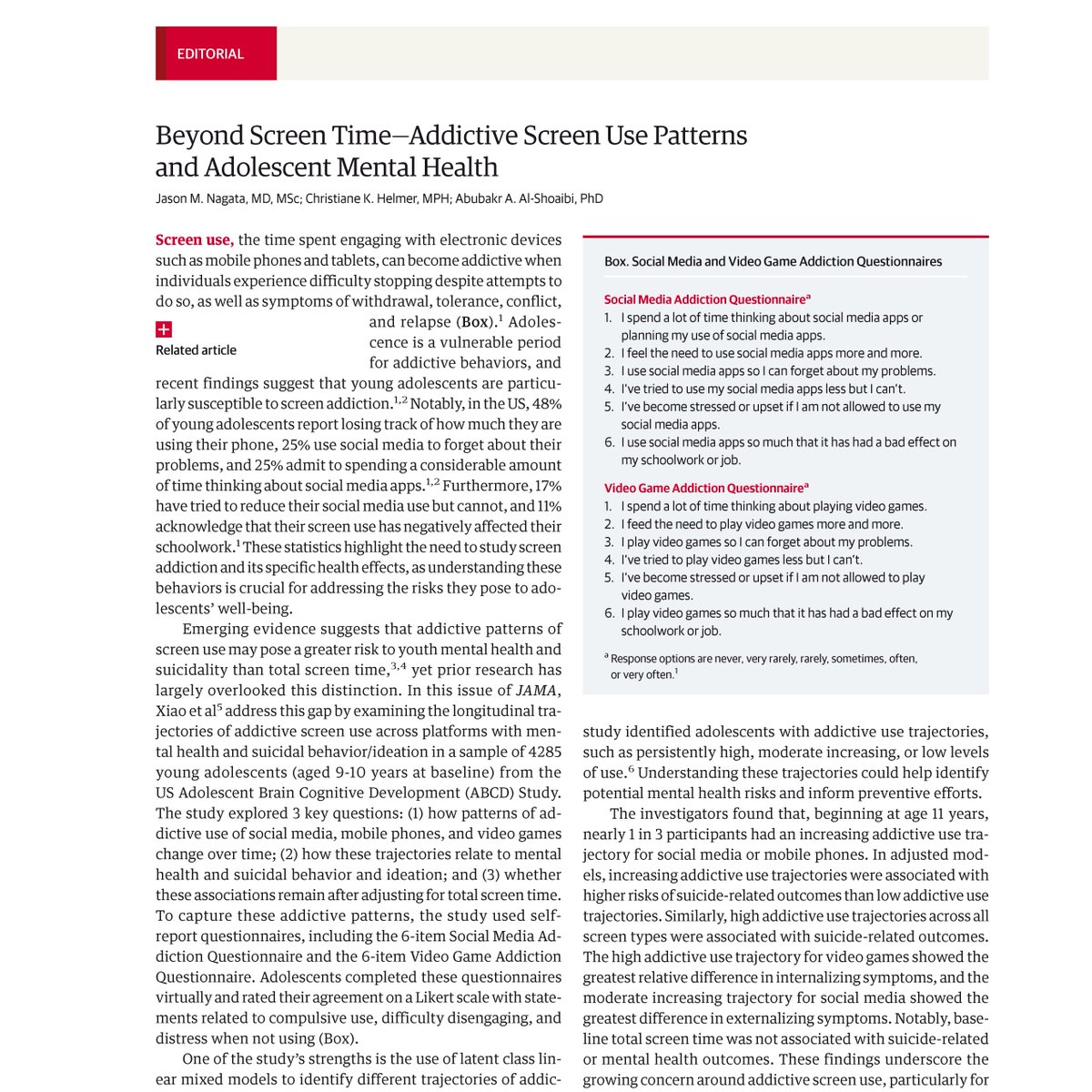 JAMA (@jama_current) on Twitter photo Editorial: Addictive screen use in adolescents poses significant mental health risks beyond total screen time, necessitating targeted interventions.
ja.ma/46alyTj
<a href="/jasonmnagata/">Jason Nagata, MD</a> Editorial: Addictive screen use in adolescents poses significant mental health risks beyond total screen time, necessitating targeted interventions.
ja.ma/46alyTj
<a href="/jasonmnagata/">Jason Nagata, MD</a>