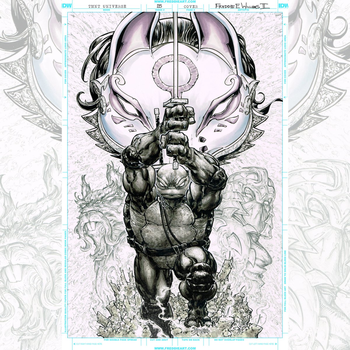 Freddieart's tweet image. It's TURTLE Thursday! Today's Turtle art is from TMNT Universe cover No. 25 featuring Leo, Kitsune, Splinter & Shredder (Ink Wash) freddieart.com/product-catego…