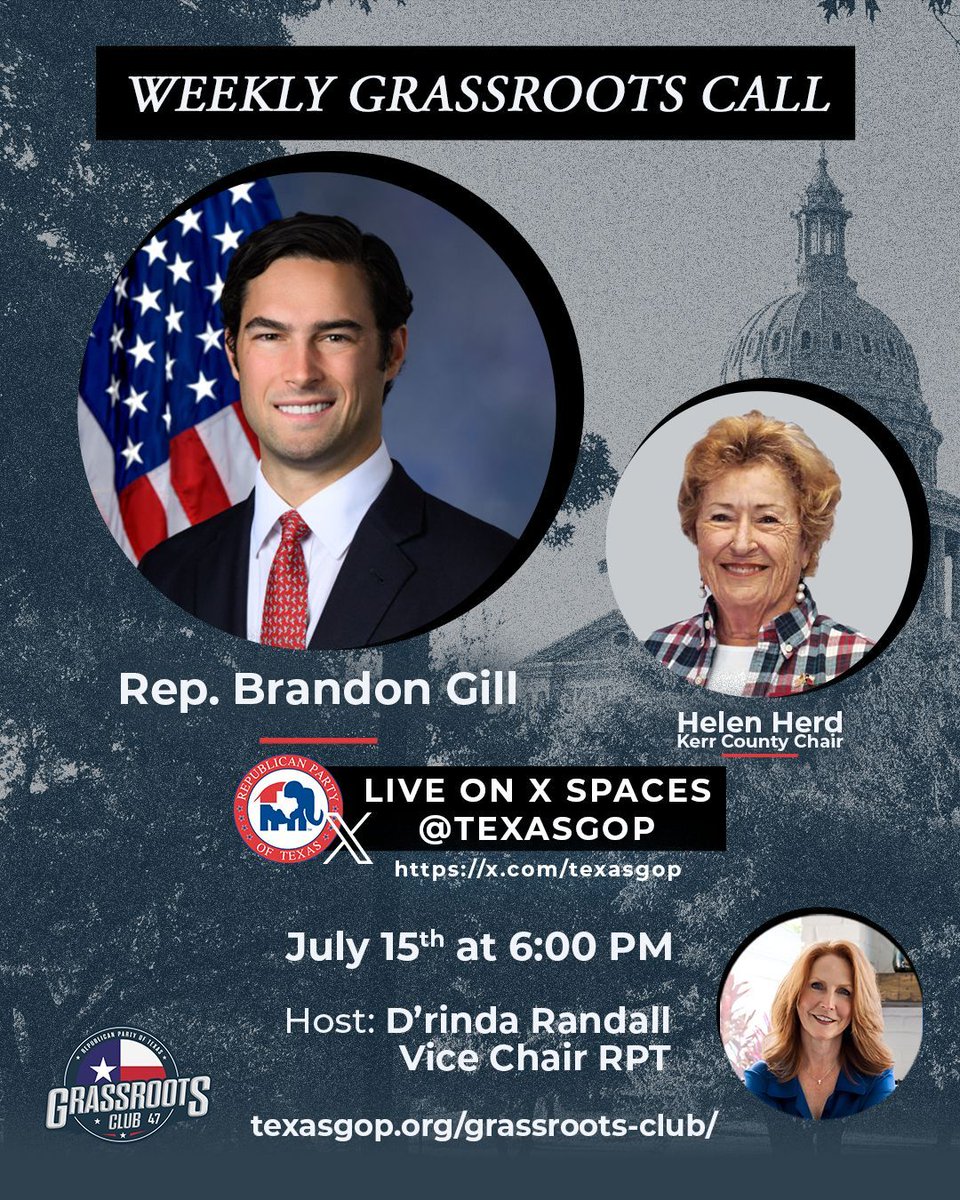 TexasGOP's tweet image. Today at 6PM CST, join us for a special X Live event featuring Congressman Brandon Gill in conversation with our host, Vice Chair @randallfortexas.
In addition to hearing from Congressman @RepBrandonGill, we’ll also bring you updates from Kerr and Kendall Counties on the recent…
