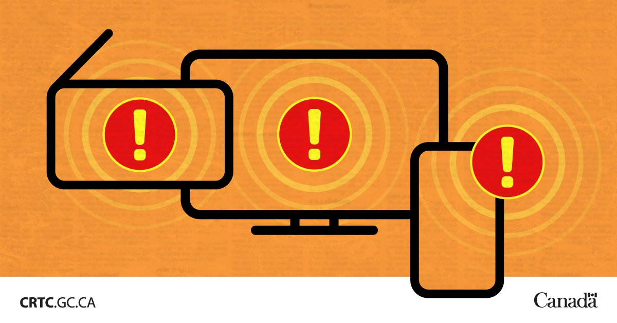 CRTCeng's tweet image. 🚨 Have your say!
We’ve launched a public consultation to help improve the National Public Alerting System. Your input will help make sure emergency alerts reach everyone effectively.
canada.ca/en/radio-telev…
#EmergencyAlerts