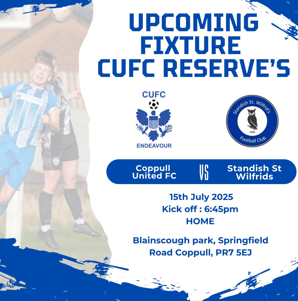 ITS GAME DAY !!! 

Tonight our CUFC Reserves team welcome Standish St Wilfrids FC to start our brilliant week of friendlys ! 

KO 6:45pm 

Hope to see you down club will be open ! Drinks and food will be on 🍟🍺⚽️
#grassrootsfootball