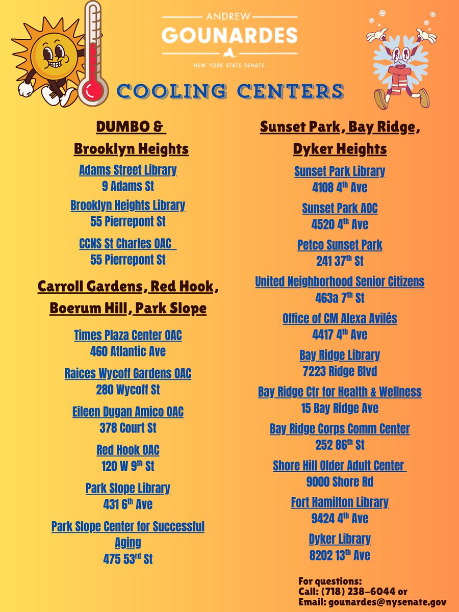 Sen_Gounardes's tweet image. Cooling centers are open today. Find District 26 locations listed on the flyer or check finder.nyc.gov/coolingcenters for sites throughout the city. Use the map to search for accessible and pet-friendly options.
