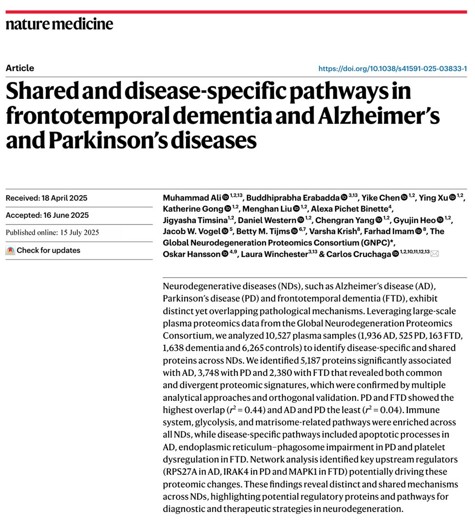 Carlos Cruchaga (@ccrugom) on Twitter photo A new study from the lab <a href="/NatureMedicine/">Nature Medicine</a>
Over 6,000 proteins, more than 10,500 individuals.
#Alzheimers, #Parkinsons, and #FTD. <a href="/Ali_bioinformtx/">Muhammad Ali</a> maps the shared and disease-specific plasma proteomic landscape of neurodegeneration <a href="/WashUNeurology/">WashU Medicine Neurology</a> nature.com/articles/s4159… A new study from the lab <a href="/NatureMedicine/">Nature Medicine</a>
Over 6,000 proteins, more than 10,500 individuals.
#Alzheimers, #Parkinsons, and #FTD. <a href="/Ali_bioinformtx/">Muhammad Ali</a> maps the shared and disease-specific plasma proteomic landscape of neurodegeneration <a href="/WashUNeurology/">WashU Medicine Neurology</a> nature.com/articles/s4159…