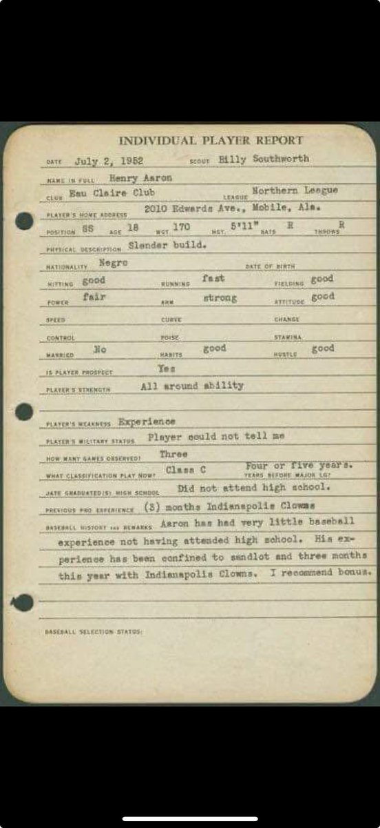 RealMattyBo's tweet image. Is this a real scouting report on Hank Aaron?
If so, what stands out?
For me: Evolution of scouting. “Good” / “Fair” etc
Became numbers 20-80.
This scout would have looked at today’s scout and say “Data = bad” 😱
This is such a simple example that we are usually afraid of…