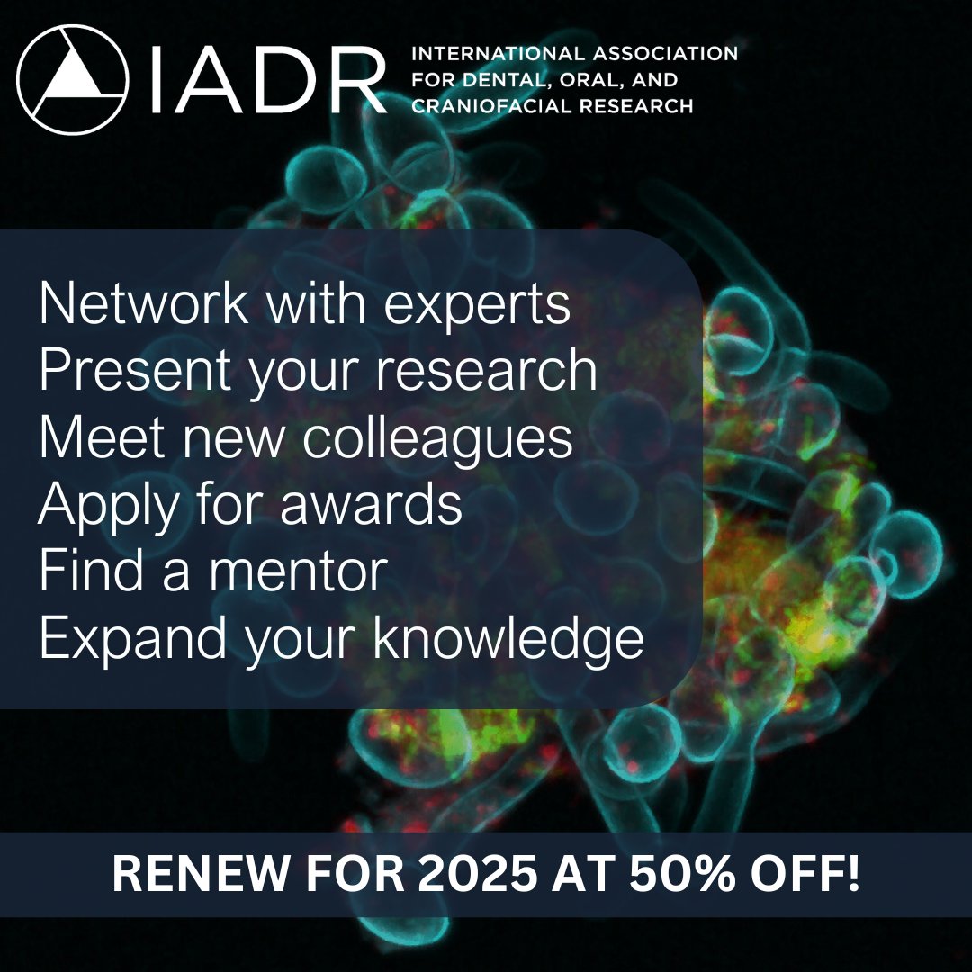 IADR's tweet image. 💥For a limited time, IADR is offering 50% off membership dues for the remainder of 2025. Renew today and unlock your member benefits for the rest of the year! 💰🔬💰
🔗iadr.org/membership
#oralhealth #NIDCR #dentalresearch #dentistry #healthresearch #supportscience #caries