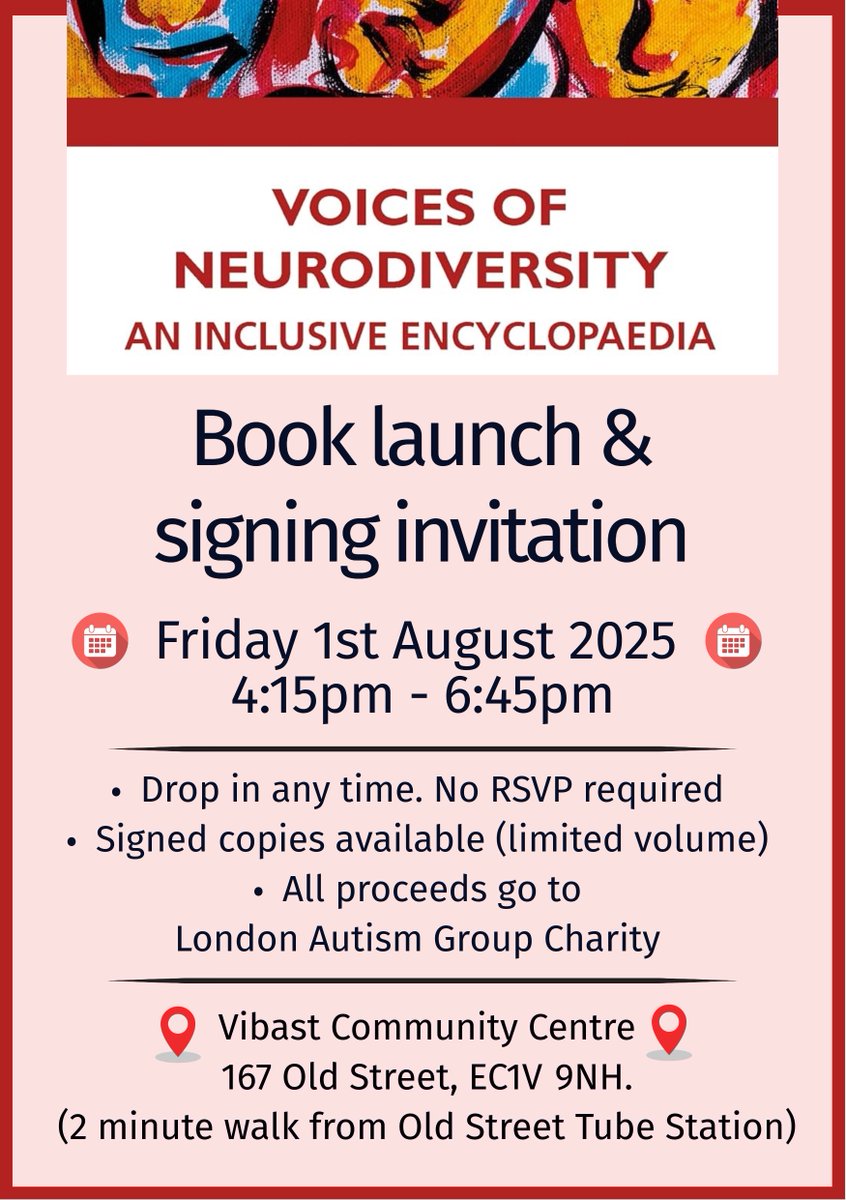 chrispaps's tweet image. 🚨BOOK LAUNCH EVENT🚨
Join me on Friday 1st August (4:15-6:45pm) in Old Street for the launch of Voices of Neurodiversity: An Inclusive Encyclopaedia🙂
🖊️ Signed copies (limited quantity)
💷 All proceeds go to @lagcharity
📍 Vibast Community Centre, EC1V 9NH
📚 Drop in any time!