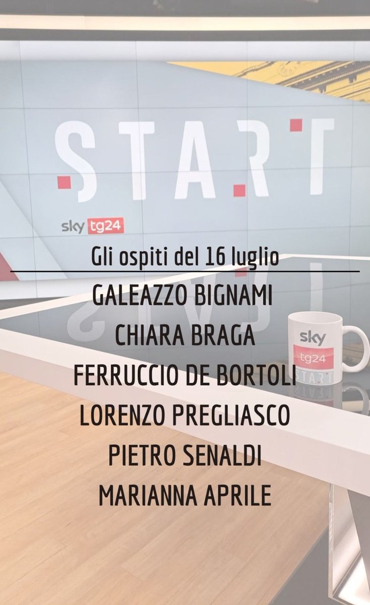 Giovanna Pancheri (@giopank) on Twitter photo Domani a #Start saremo con <a href="/galeazzobignami/">Galeazzo Bignami</a>, <a href="/bragachiara/">Chiara Braga</a>, <a href="/DeBortoliF/">Ferruccio de Bortoli</a>, <a href="/lorepregliasco/">Lorenzo Pregliasco</a>, <a href="/PSenaldi/">Pietro Senaldi</a> e <a href="/mariannaaprile/">Marianna Aprile</a>.
Come sempre in onda dalle 9:30 su <a href="/SkyTG24/">Sky tg24</a>. Vi aspetto! Domani a #Start saremo con <a href="/galeazzobignami/">Galeazzo Bignami</a>, <a href="/bragachiara/">Chiara Braga</a>, <a href="/DeBortoliF/">Ferruccio de Bortoli</a>, <a href="/lorepregliasco/">Lorenzo Pregliasco</a>, <a href="/PSenaldi/">Pietro Senaldi</a> e <a href="/mariannaaprile/">Marianna Aprile</a>.
Come sempre in onda dalle 9:30 su <a href="/SkyTG24/">Sky tg24</a>. Vi aspetto!