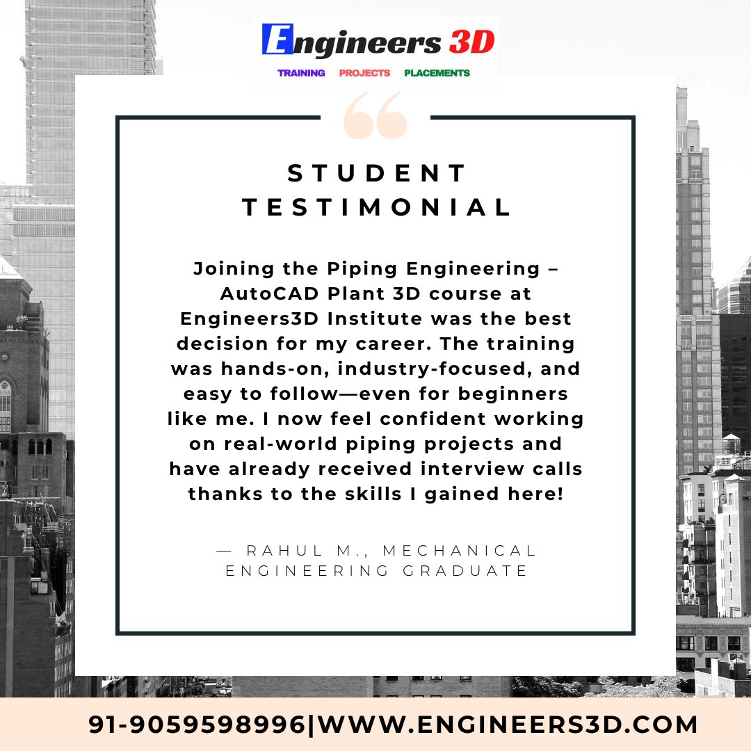 Engineers3d's tweet image. From zero to piping hero! Another student just leveled up with our Piping Engineering – AutoCAD Plant3D course 💥 Real skills. Real confidence. Real results. Join the #Engineers3D movement today! 🔧🔥

#PipingEngineer #AutoCADPlant3D #EngineersLife #FutureEngineer #Engineering
