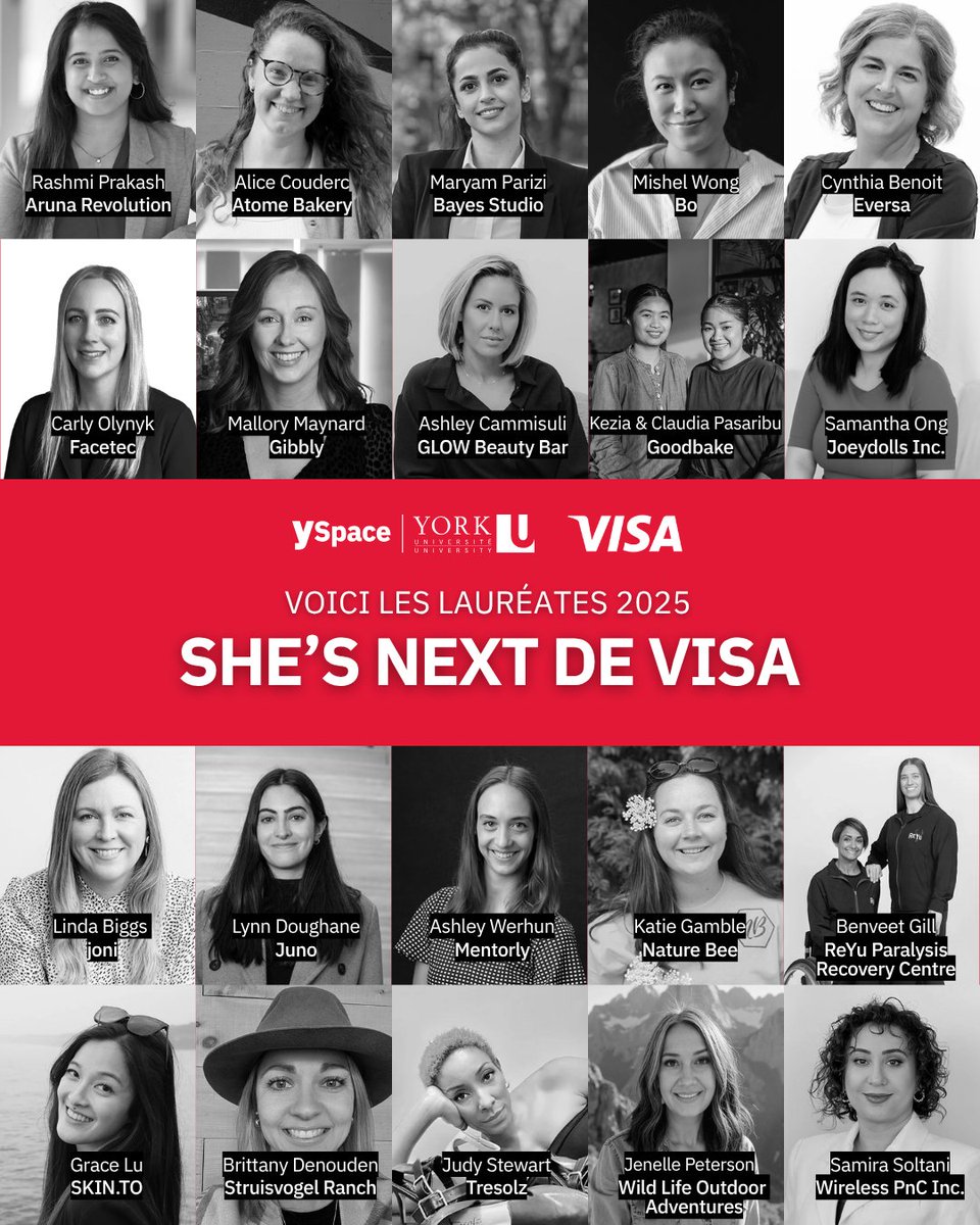 YSpaceYU's tweet image. ✨ Voici les lauréates de la subvention 2025 She’s Next de Visa!
Merci de montrer ce qui peut être accompli lorsque des femmes dirigent avec détermination et innovation. Nous avons hâte de voir vos prochaines réalisations.
🔗yorku.ca/yspace/news-st…
@VisaCA