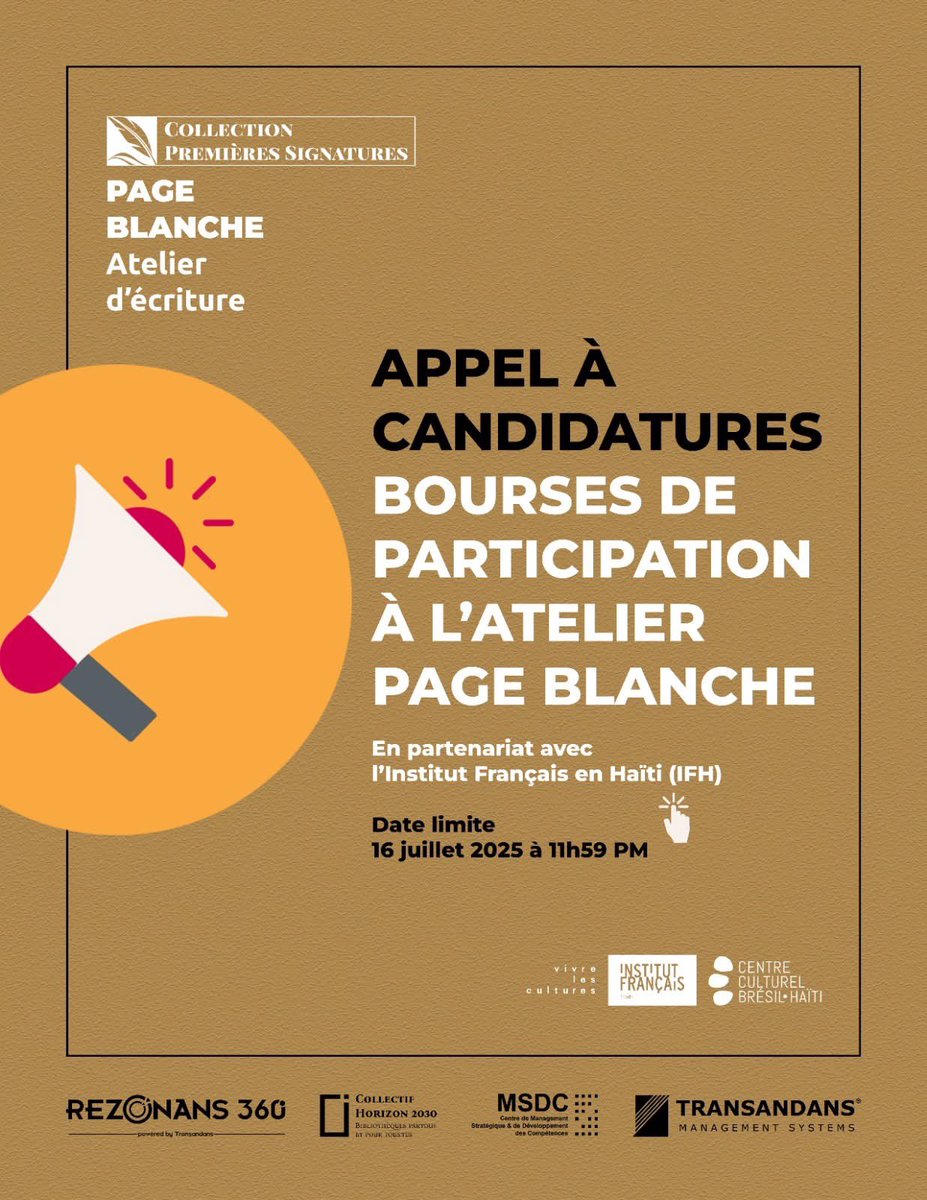 Vous souhaitez participer à l’Atelier PAGE BLANCHE, dédié à l’écriture des récits historiques? Il ne vous reste que quelques heures pour soumettre votre candidature à la bourse de participation offerte par l’<a href="/IFHpap/">IF Haiti</a>.Postulez dès maintenant via ce lien⤵
🔗forms.gle/utJC79EkncFpm9…