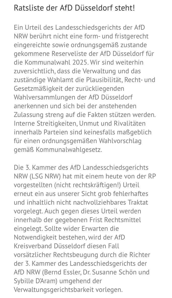 MatthiasMdb's tweet image. Die Vincentz-Kammer (Bernd Essler, Susanne Schoen und Sybille d‘ Aram) scheinen nun auch den Wahlantritt der AfD Düsseldorf torpedieren zu wollen. Das Agieren dieses Schiedsgerichts müsste den Bundesvorstand auf den Plan rufen.
