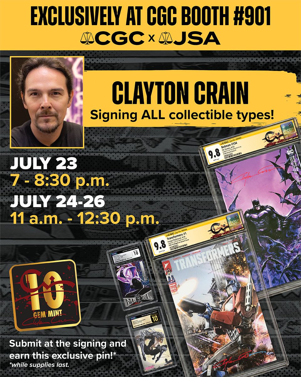 CGCSigSeries's tweet image. Calling all @Clayton_Crain fans! 🚨 Are you gonna be at @Comic_Con next week? Make sure to fit this king into your schedule because he is signing at our booth #901 July 23-26. Submitters can get a highly exclusive #GemMint 10 pin! Discover more with cgc.click/65j 🏖️