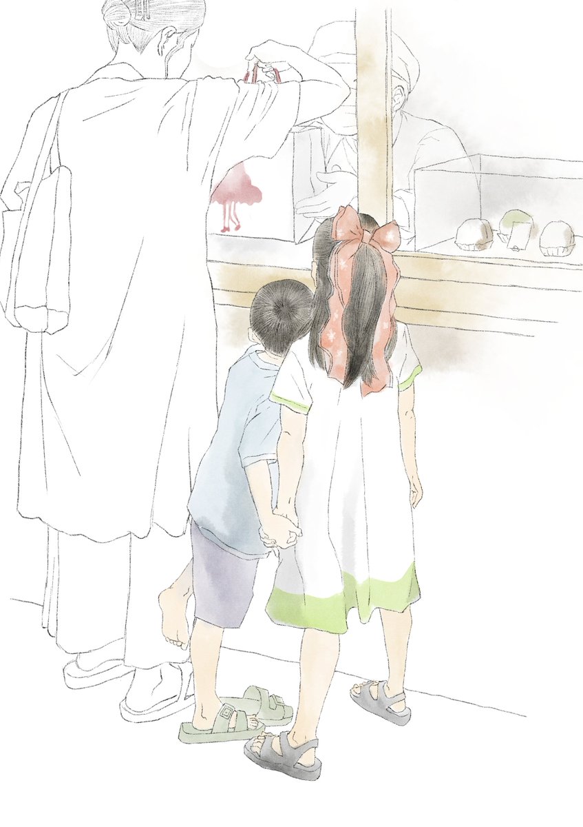 ohara_itten_d's tweet image. 先日見かけたお菓子を待つ二人。視線はお母さんの手元に釘付けでした。 #childrensillustration #illustration