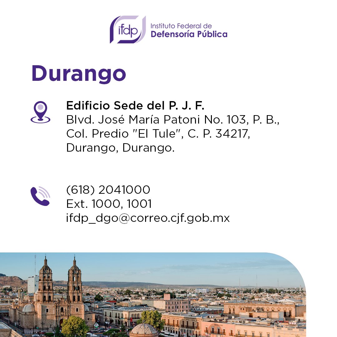 defensoriaifdp's tweet image. 📣 Te recordamos que tenemos una delegación cerca de ti.
Si vives en #Durango ¡acércate!
#IFDP #DefensaParaTi #SomosPJF