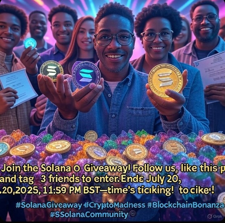 1 SOL GIVEAWAY 🪙
Follow us, like this post, and tag 3 friends to enter. Don’t miss out—ends July 20, 2025!  #SolanaGiveaway"Explain hashtag strategyNFT marketing tipsMake it more exciting

#SolanaGiveaway #CryptoRewards #Blockchain #SolanaCommunity #DigitalTreasure.