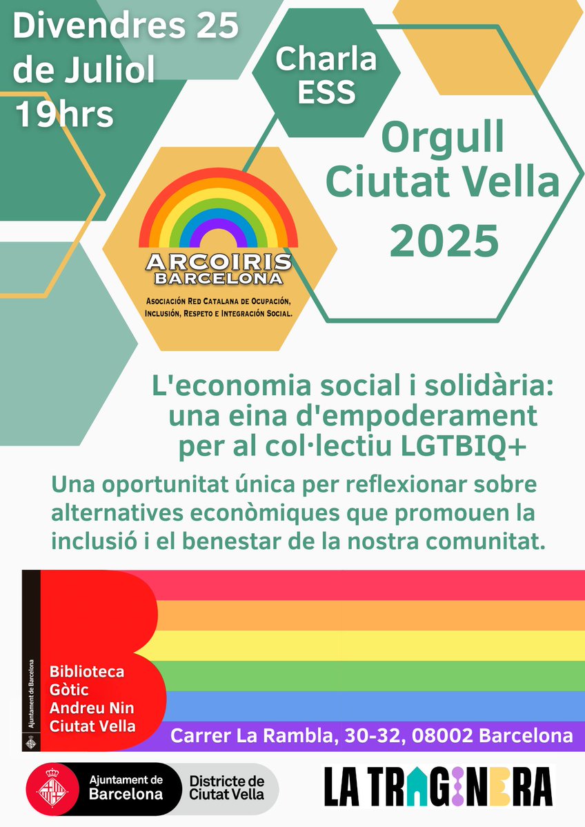 📣 Descobreix com iniciatives basades en l'ESS poden fomentar l'autonomia econòmica, crear entorns laborals inclusius i construir xarxes de suport mutu.

📅 Divendres 25 de juliol a les 19 h.
📍Biblioteca Gòtic

✅ Inscripcions: arcoirisbarcelona.org/events/charla-…