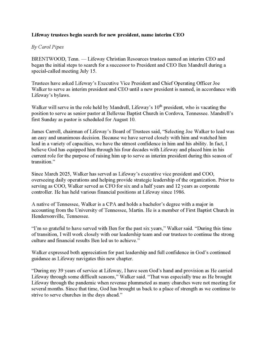liamsadams's tweet image. Inbox: Lifeway names COO Joe Walker interim chief executive following Bellevue Baptist Church's decision on Sunday to affirm Ben Mandrell, the publisher's former CEO, as its next senior pastor. Our story from yesterday: tennessean.com/story/news/rel…