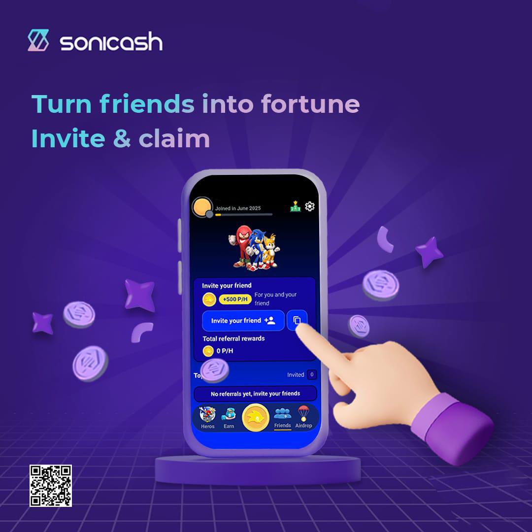 🔹Every #friend you #invite to #Sonicash isn’t just a buddy; it’s a bonus.💰 
Get extra coins, boost your #earnings, and grow your Sonicash #Telegram_Game_Bot.
More taps. More rewards. More fun.📲 
Invite your friends to play now and get your reward.👇
🔗 t.me/sonicashgame_b…
