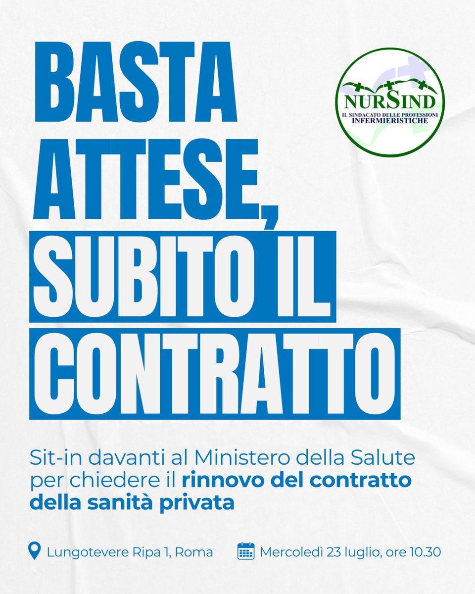 Baste attese, subito il contratto!

Mercoledì 23 luglio, dalle ore 10.30, saremo davanti al Ministero della Salute per chiedere il rinnovo dei contratti della #SanitàPrivata. 

Unisciti a noi, la tua voce conta!

#Nursind