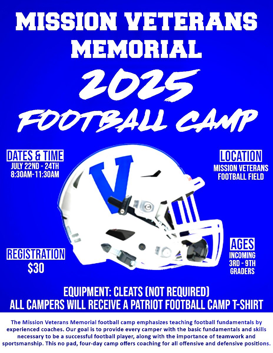 Patriot Football camp for incoming 3rd-9th graders is next week!!!! You can register at the entrance when you arrive!!
#beblue