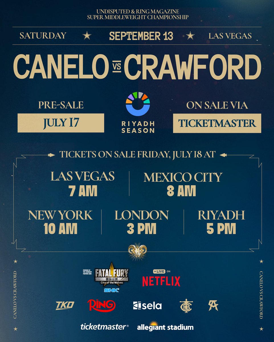 3x📶‼️
Tickets for Canelo vs. Crawford go on sale this Friday, July 18, 2025 at the following times:

🕛 7 AM Las Vegas
🕛 8 AM Mexico City
🕒 10 AM New York
🕗 3 PM London
🕙 5 PM Riyadh

🎟️ Tickets available on Ticketmaster
📍 Pre-sale starts this Thursday, July 17th at the