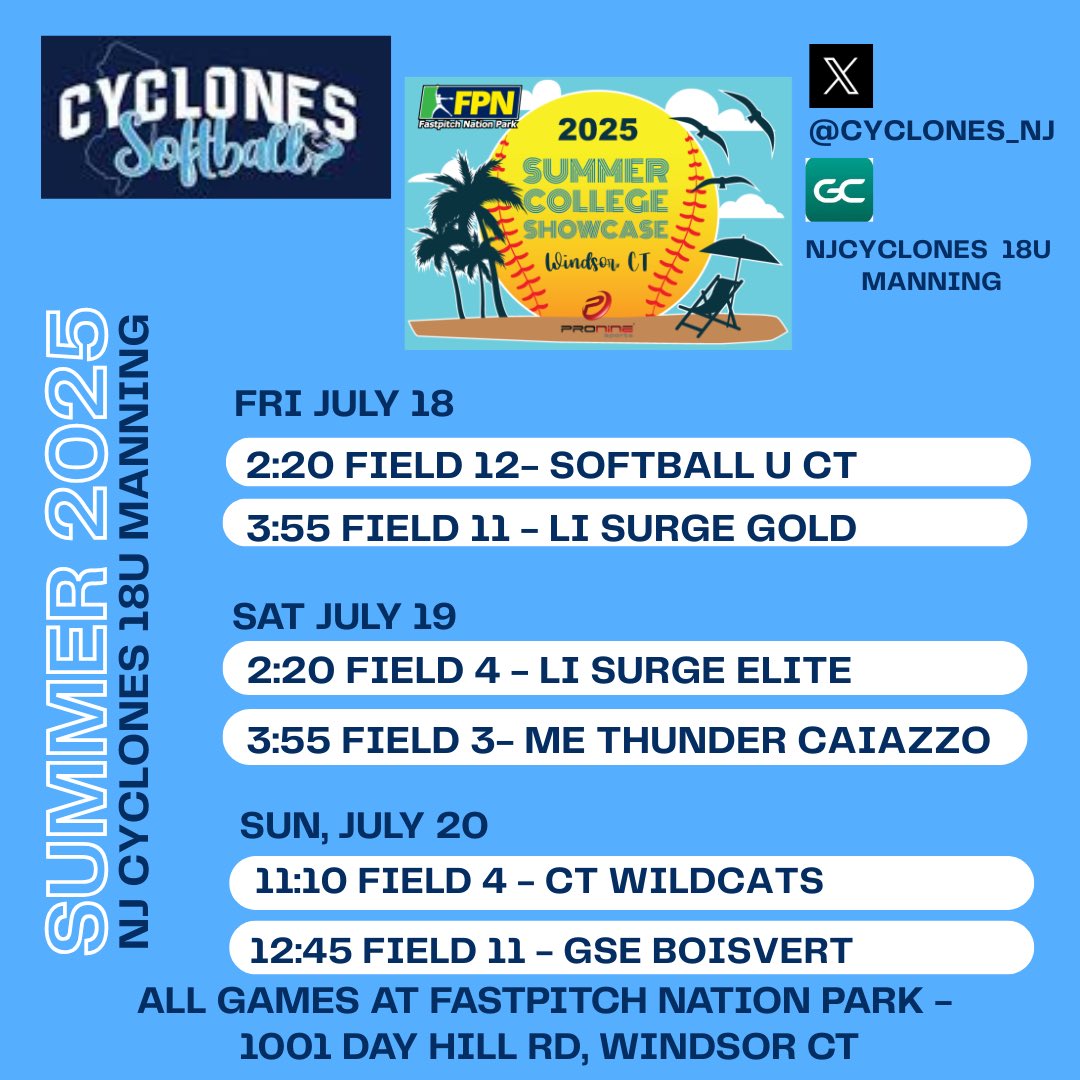 Lzepp2026 (@lilyzepp2026) on Twitter photo This weekend our team <a href="/CyclonesNj/">cyclones_softball_nj</a> Manning will be at FastPitch Nation Summer showcase in CT - come watch us play. I’m #2, a 2026 OF/UT !
<a href="/Sports_Recruits/">SportsRecruits</a> <a href="/SBRRetweets/">Softball Recruiting Reposts</a> <a href="/gatorjack72/">Girls In The Game</a> This weekend our team <a href="/CyclonesNj/">cyclones_softball_nj</a> Manning will be at FastPitch Nation Summer showcase in CT - come watch us play. I’m #2, a 2026 OF/UT !
<a href="/Sports_Recruits/">SportsRecruits</a> <a href="/SBRRetweets/">Softball Recruiting Reposts</a> <a href="/gatorjack72/">Girls In The Game</a>