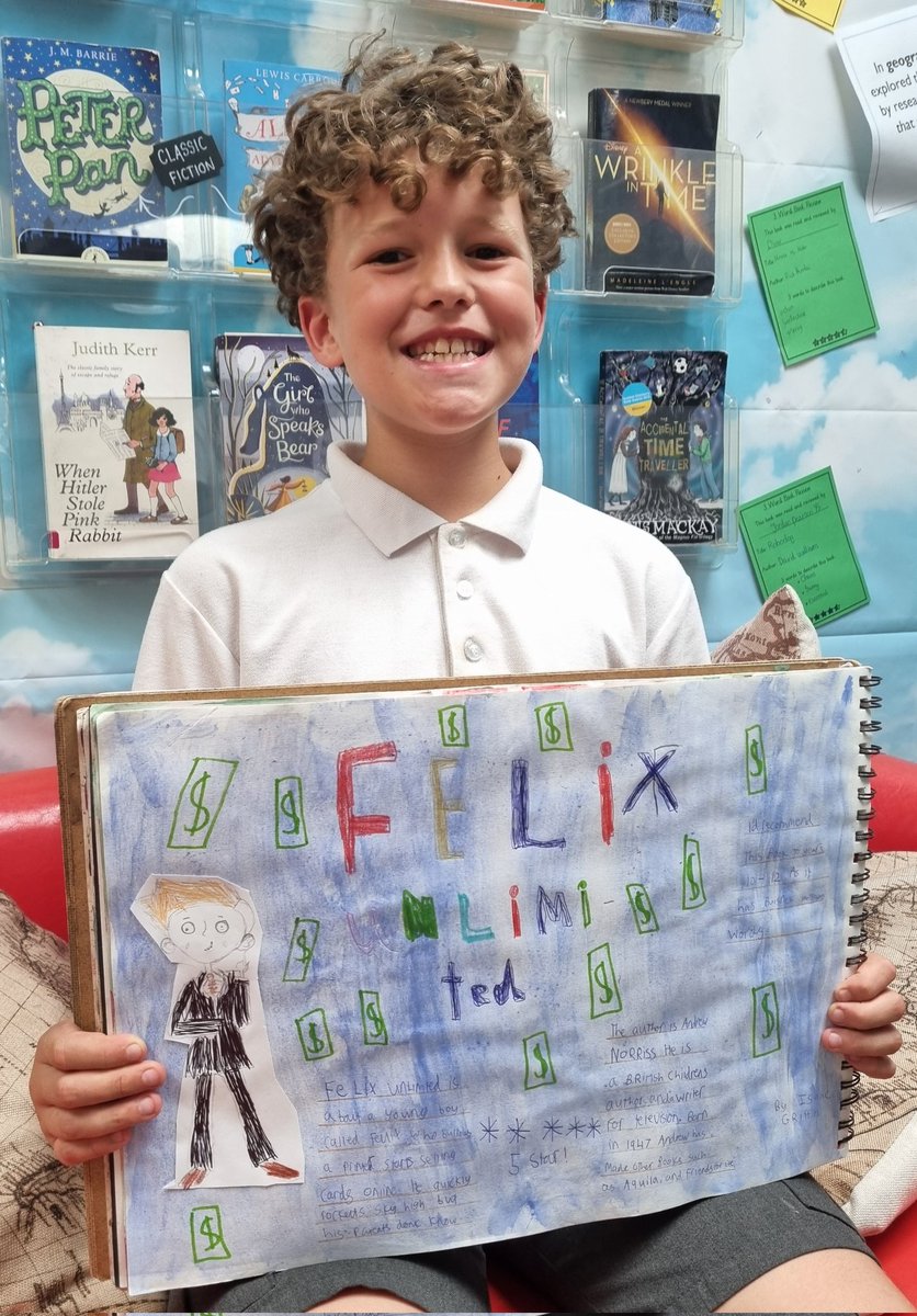 MissPodroBH's tweet image. This young man loved Felix Unlimited and added another fabulous page to our #BusheyHeathReading scrapbook! Thanks @DFB_storyhouse @Usborne for such a great read ๐
@busheyheathjm