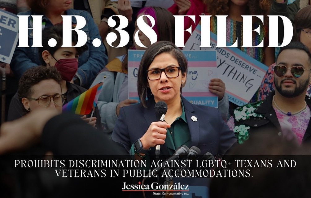 jessicafortexas's tweet image. I am proud to have filed H.B. 38 in preparation for the upcoming special session of our legislature. H.B. 38 is a comprehensive nondiscrimination bill that would codify equal protection for the LGBTQ+ community and military veterans in employment, housing, and public…