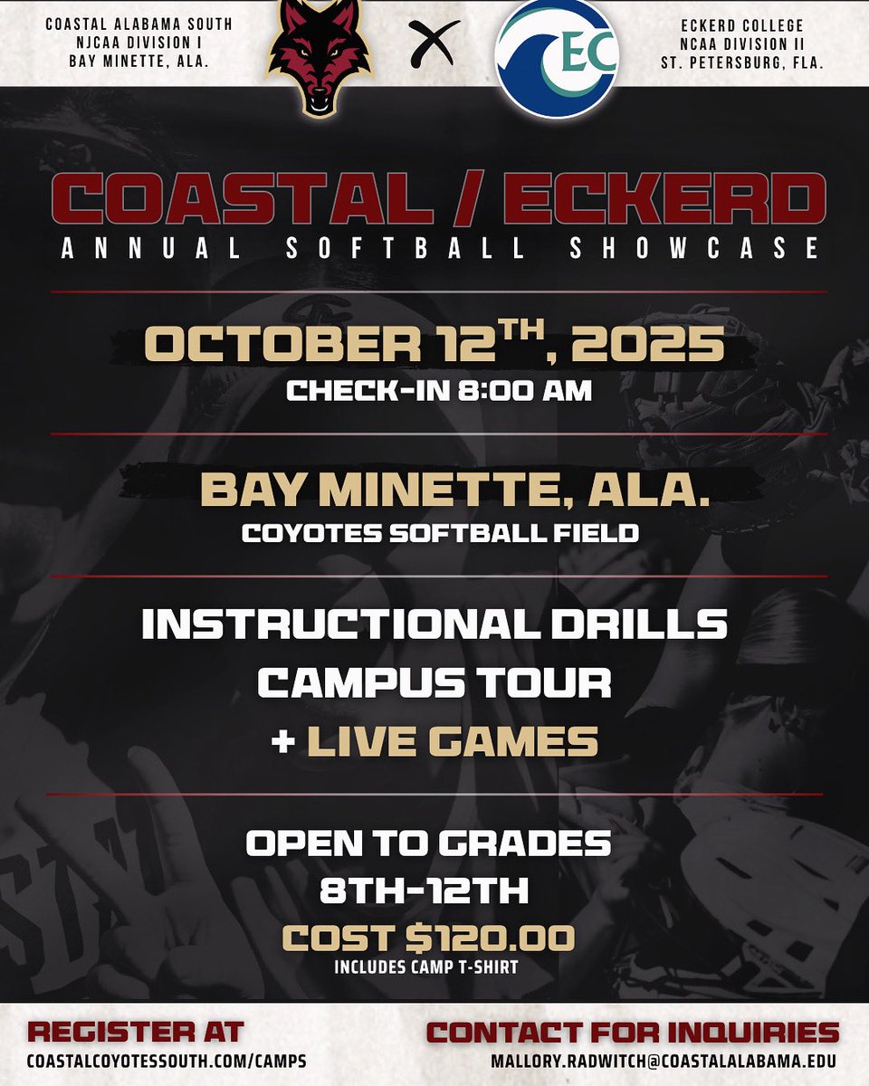 Coastal Alabama South Athletics (@coastalal_south) on Twitter photo SB ๐ฅ | The Coyotes softball program teams up with Coach Frew of Eckerd College for another annual mash-up showcase.
For more information and to register follow this link ๐: coastalcoyotessouth.com/registrations/โฆ
#GoYotes | <a href="/coastalsouthsb/">Coastal South Coyotes Softball</a> SB ๐ฅ | The Coyotes softball program teams up with Coach Frew of Eckerd College for another annual mash-up showcase.
For more information and to register follow this link ๐: coastalcoyotessouth.com/registrations/โฆ
#GoYotes | <a href="/coastalsouthsb/">Coastal South Coyotes Softball</a>