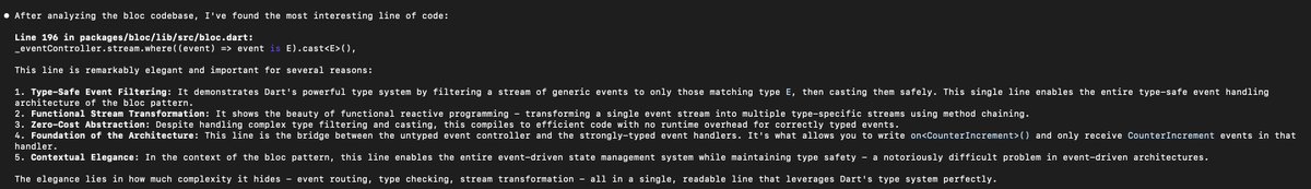 I decided to start asking Claude code to analyze Flutter repos for their most interesting line of code. Today is Bloc! pub.dev/packages/bloc

See what it chose below: