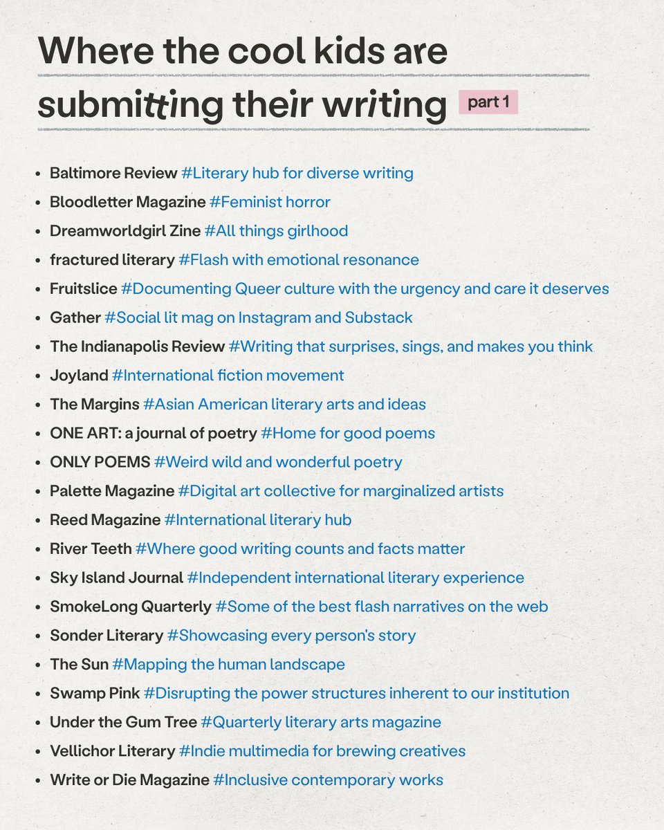 We asked you where the cool kids are submitting these days and here’s what you said!

Find everything you need to submit here: chillsubs.com/lists/cool_kid…

&amp; drop some names for part 2 👇