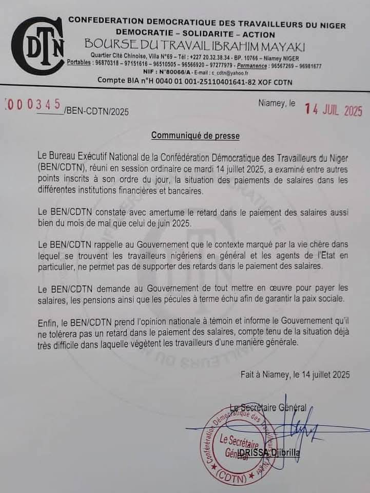 AhmadouAtafa's tweet photo. La Confédération Démocratique des Travailleurs du Niger (CDTN) a dénoncé le 14 juillet les retards de paiement des salaires de mai et juin 2025, et appelé le gouvernement à y remédier "dans les meilleurs délais", le mettant en garde face au risque de tension sociale. https://t.co/4sJAkRnqhN