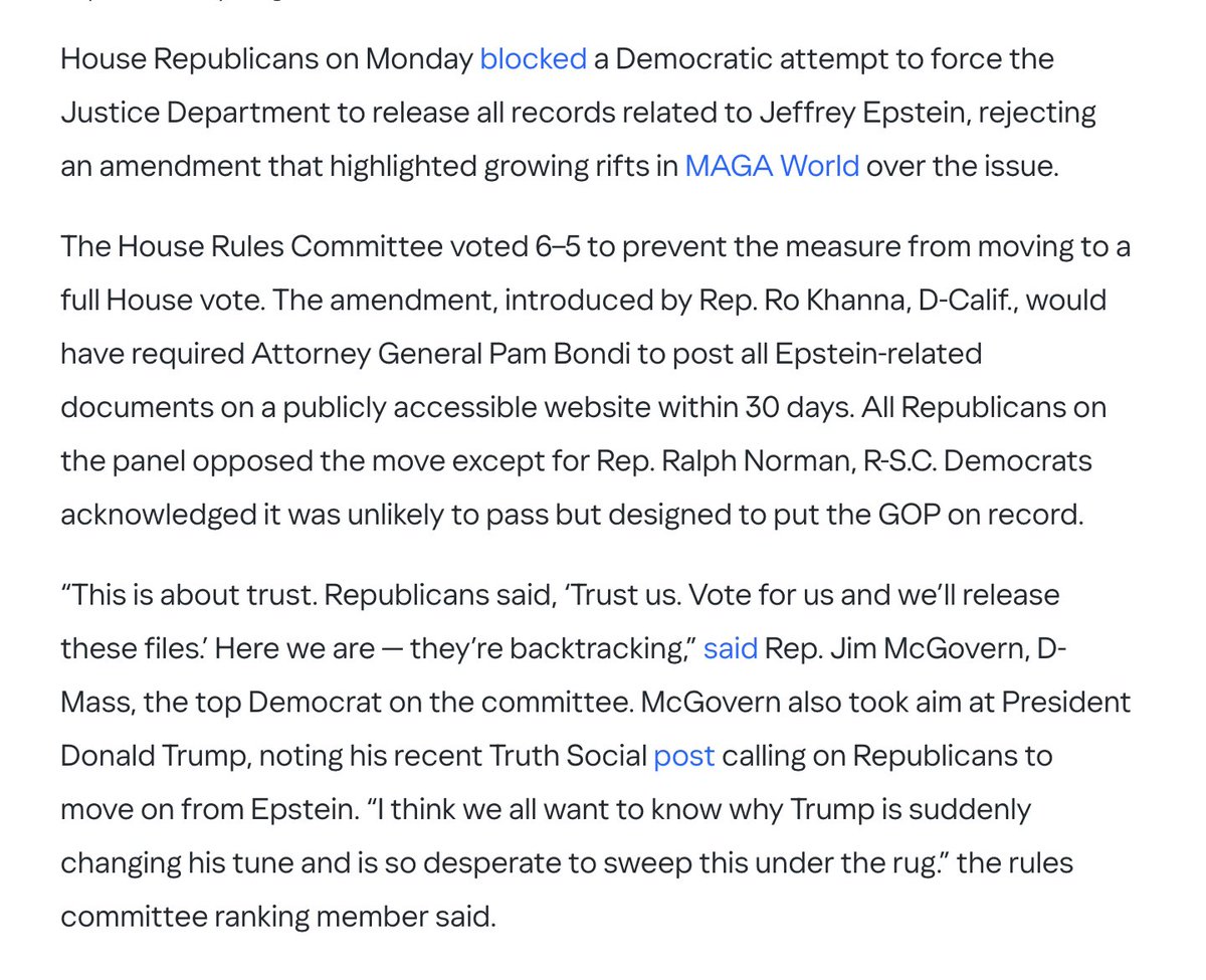 House Republicans voted to block the release of the Epstein files last night after most of us went to bed.

Why are Republicans protecting pedophiles? What are they hiding?