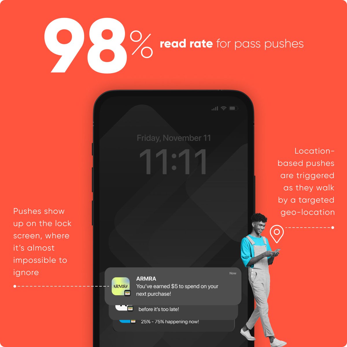 Push Notifications: Increase Reach &amp; Revenue
Reach your customers lock screen anytime, anywhere with wallet pass push notifications. Send them for FREE, no app required.

Build brand affinity through pushes:

1. Marketing Pushes: send targeted and timely messages with discounts