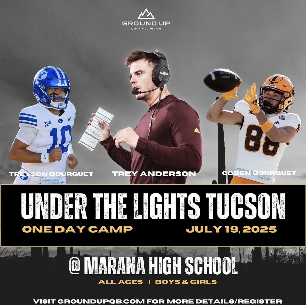🚨 Tucson QBs and WRs!
Come get work THIS SATURDAY at our Under the Lights Camp 💡🔥
📍 Marana High School
🕡 6:30–8:30pm
Don’t miss your chance to level up with us!

Register here 👉 groundupqb.com/store/p/under-…

#TucsonFootball #QBTraining #GroundUpQB