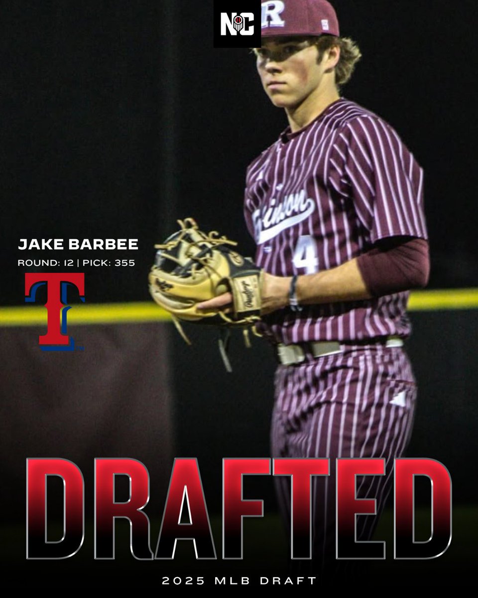 Prep Baseball North Carolina (@prepbaseballnc) on Twitter photo Congrats to Jake Barbee on his selection to The Texas Rangers in Round 12 of the 2025 MLB Draft!
Jay M Robinson HS | RHP | USC Upstate Commit
Rd. 12 | Pick No. 355
<a href="/JMRBaseball/">𝙍𝙊𝘽𝙄𝙉𝙎𝙊𝙉 𝘽𝘼𝙎𝙀𝘽𝘼𝙇𝙇</a> <a href="/jakebarbee0/">jakebarbee2025</a> @rangers
#MLBDraft Congrats to Jake Barbee on his selection to The Texas Rangers in Round 12 of the 2025 MLB Draft!
Jay M Robinson HS | RHP | USC Upstate Commit
Rd. 12 | Pick No. 355
<a href="/JMRBaseball/">𝙍𝙊𝘽𝙄𝙉𝙎𝙊𝙉 𝘽𝘼𝙎𝙀𝘽𝘼𝙇𝙇</a> <a href="/jakebarbee0/">jakebarbee2025</a> @rangers
#MLBDraft