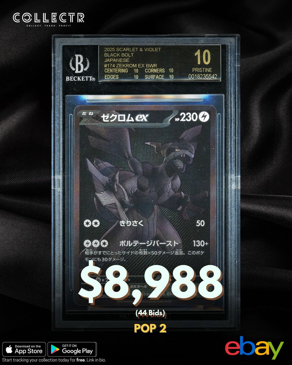 getcollectrapp's tweet image. A #BGS 10 Black Label Japanese #Zekrom ex from the #BlackBolt set just sold on #eBay for $8,988.
This card is a super rare POP 2 in #BlackLabel BGS 10.
#pokemontcg #collectibles #pokemoncards #pokemoncommunity #pokemoncollector #PokemonCollection #PokemonCardCollector…