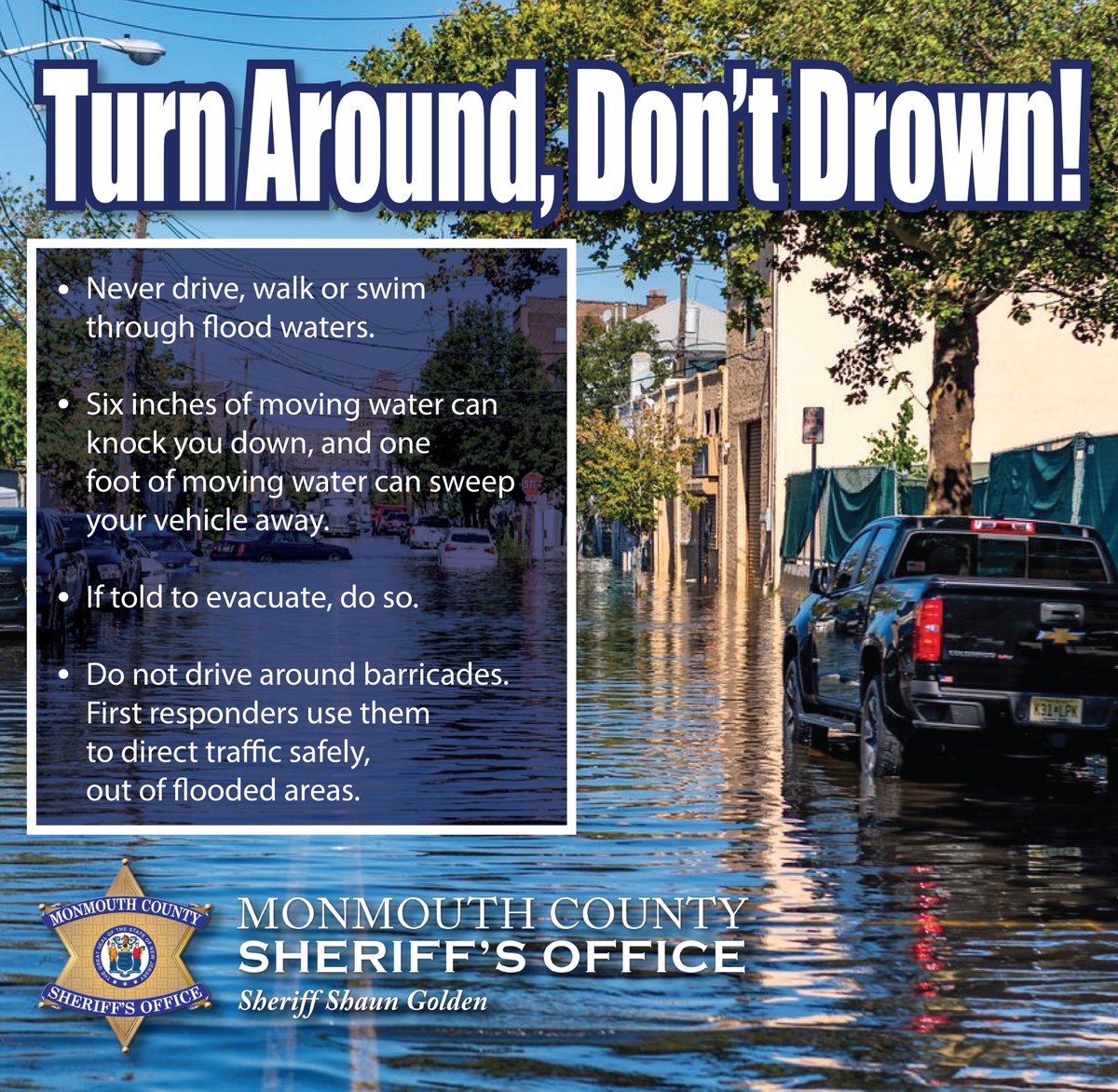 MonmouthSheriff's tweet image. MonCo was spared from major flooding after Mon night's heavy rains that deeply impacted parts of NJ, sweeping vehicles away&unfortunately claiming the lives of 2 people.Flash flooding is dangerous&water moves at an extremely fast pace.@SheriffGolden urges all to take precautions.