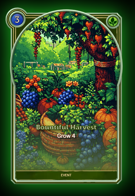 CrowdControlNet's tweet image. Another action card from Nature class:
Bountiful Harvest. It represents the rich gifts from nature that can be easily picked up when its the right time!
Gameplay wise it is a ramp card that increases your mana production and cannot be taken away like factories (Technology class)…