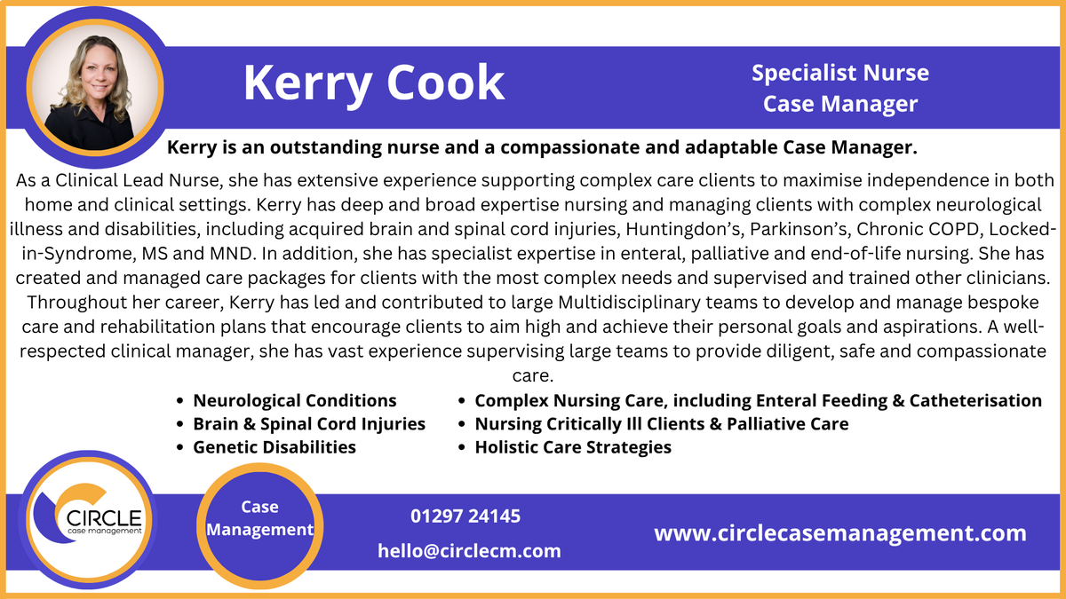 Circle Case Management (@circlecm) on Twitter photo Do you require a Case Manager in the Norfolk area?
Kerry is a Specialist Nurse CM with extensive experience. Email hello@circlecm.com or call 0129724145 #CircleCM #CaseManager #CaseManagerNorfolk #Norfolk #clinicalnegligence #MedicalNegligence #personalinjury #CourtofProtection Do you require a Case Manager in the Norfolk area?
Kerry is a Specialist Nurse CM with extensive experience. Email hello@circlecm.com or call 0129724145 #CircleCM #CaseManager #CaseManagerNorfolk #Norfolk #clinicalnegligence #MedicalNegligence #personalinjury #CourtofProtection