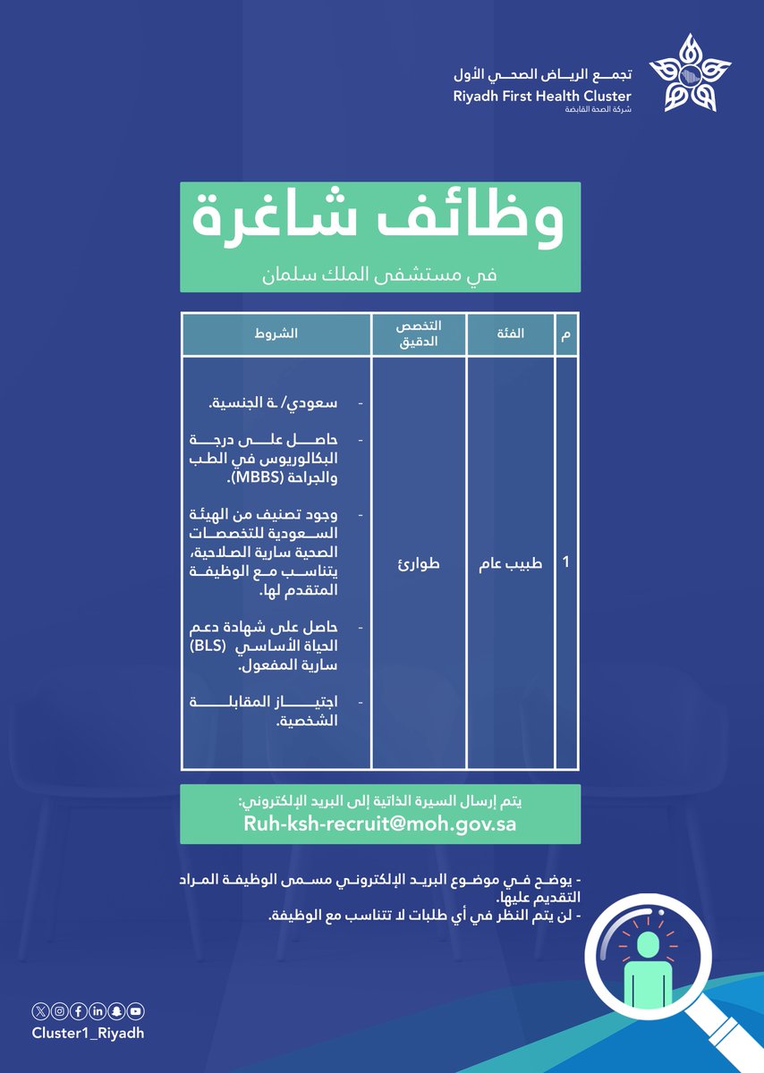 تجمع الرياض الصحي الأول (@cluster1_riyadh) on Twitter photo #إعلان_توظيف
يعلن #تجمع_الرياض_الصحي_الأول عن توفر وظائف صحية شاغرة في مستشفى الملك سلمان.
📨| للتقديم عبر البريد الإلكتروني:
Ruh-ksh-recruit@moh.gov.sa #إعلان_توظيف
يعلن #تجمع_الرياض_الصحي_الأول عن توفر وظائف صحية شاغرة في مستشفى الملك سلمان.
📨| للتقديم عبر البريد الإلكتروني:
Ruh-ksh-recruit@moh.gov.sa