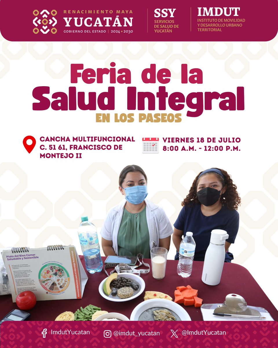 Te invitamos a la Feria de la Salud Integral en Los Paseos, donde podrás acceder a servicios médicos gratuitos para cuidar tu bienestar y el de tu familia.

📍 Cancha Multifuncional Fco. de Montejo: maps.app.goo.gl/KU597539usx8g8…
📅 Viernes 18 de Julio
🕗 8:00 a.m. a 12:00 p.m.