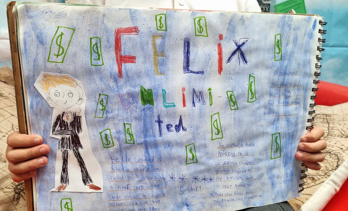 MissPodroBH's tweet image. This young man loved Felix Unlimited and added another fabulous page to our #BusheyHeathReading scrapbook! Thanks @DFB_storyhouse @Usborne for such a great read ๐
@busheyheathjm
