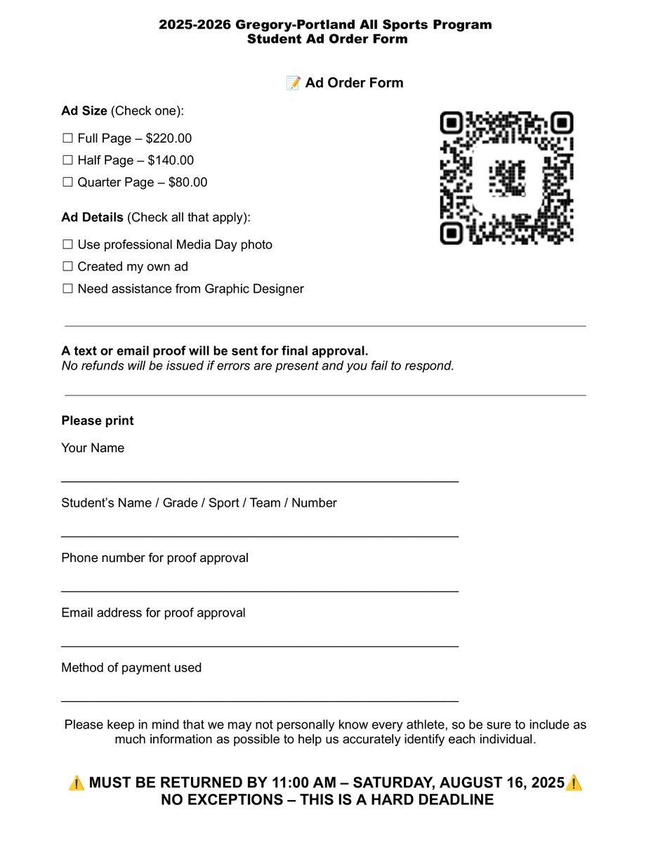 🚨 All-Sports Program Student Ad Order Form  

The G-P Booster Club invites you to highlight your student-athlete in this year’s All-Sports Program! This special opportunity is open to all G-P student-athletes.  

⚠️ DEADLINE:
11:00 AM – Saturday, August 16, 2025