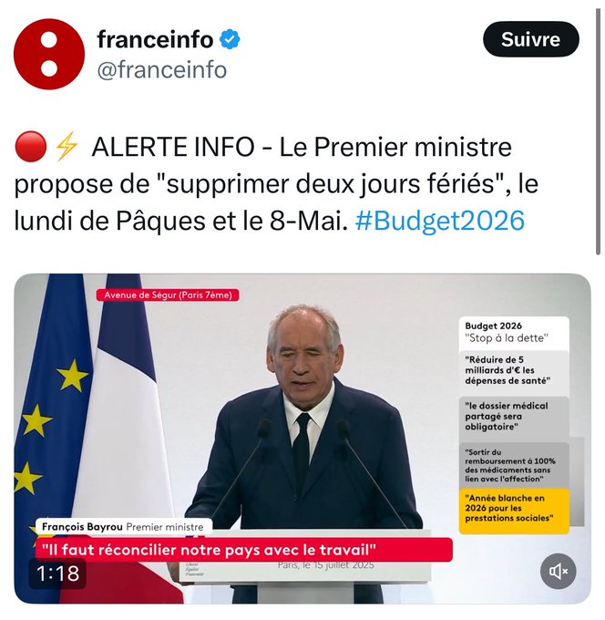 ManonMeunier_UP's tweet image. Budget 2026 💶
Bayrou veut faire des économies sur le dos des fonctionnaires, des retraités, des malades, des collectivités locales et veut même supprimer 2⃣ jours fériés.
Pas de retour de l'ISF, rien sur les super-profits❌
Bravo au RN de protéger ce gouvernement de la…