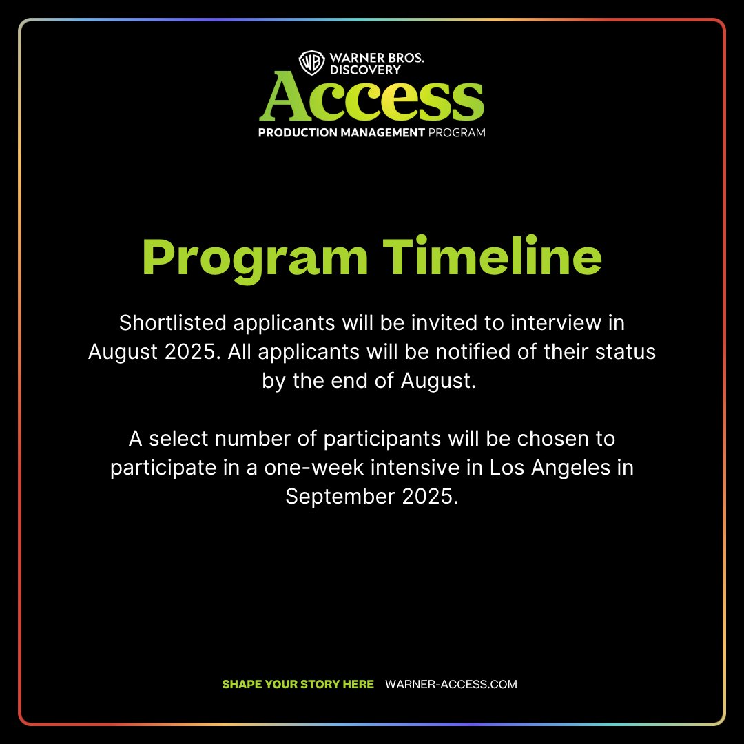 Submissions are now OPEN for the 2025 WBD Access Production Management Program. Link in bio for more info.
 
Shape Your Story Here

#WBDAccess #WBD #WarnerBrosDiscovery